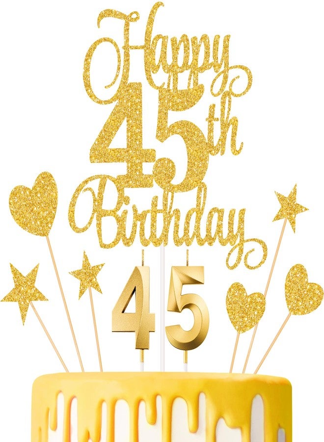 Lecferrarc 45th Birthday Cake Decorations, 45th Birthday Candles Cake Numeral Candles and Glitter Happy 45th Birthday Cake Toppers Set for Birthday Party Supplies (Gold) - Image 1